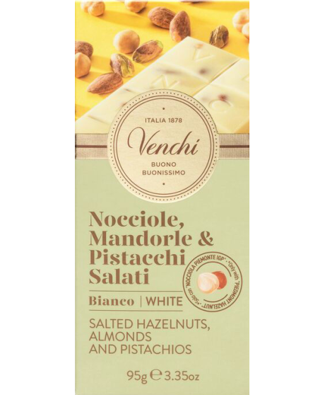 Vendita online tavolette di cioccolato Venchi bianco con nocciole piemonte intere, mandorle e pistacchi salati. Shop on line cio