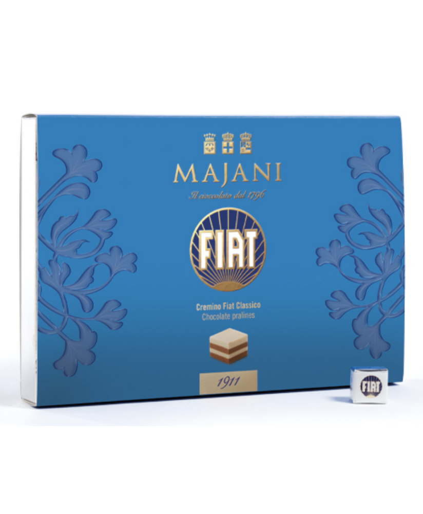 Vendita online Cremini Fiat Majani di Bologna in Scatole da regalo. Shop on line Cubo Fiat, Cremini a strati di nocciola e mando