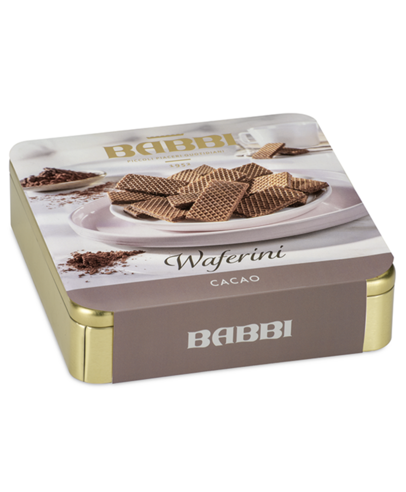 Vendita online Waferini Babbi ripieni di crema al cioccolato fondente. Shop online Wafers Babbi in scatola di metallo dorata, mi