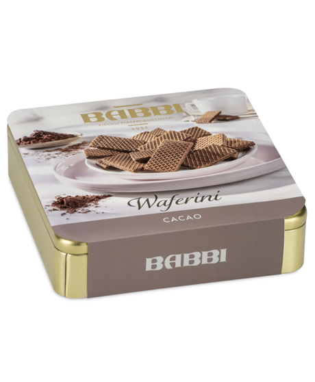 Vendita online Waferini Babbi ripieni di crema al cioccolato fondente. Shop online Wafers Babbi in scatola di metallo dorata, mi Vendita online Waferini Babbi ripieni di crema al cioccolato fondente. Shop online Wafers Babbi in scatola di metallo dorata, mi