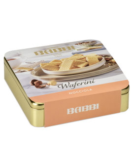 Vendita online Waferini Babbi ripieni di crema alla nocciola. Shop online Wafers Babbi in scatola di metallo dorata, miglior pre