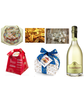 Vendita online confezioni Natale 2014 scatole con panettone artigianale Albertengo, Torrone, cioccolatini e prosecco o franciaco
