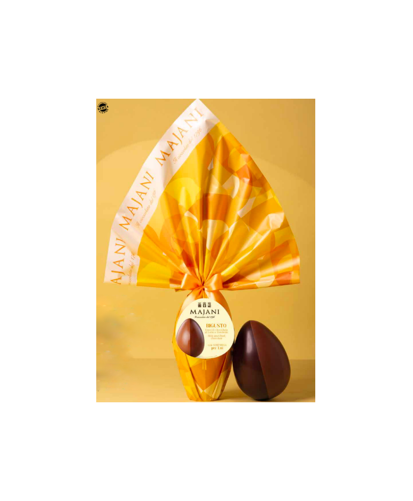 Vendita online uova di Pasqua Bigusto Majani. Shop on line Uovo metà di cioccolato al latte e metà fondente. Miglior prezzo on l