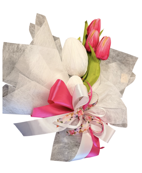 Vendita online Bouquet con fiori finti e uova di cioccolato, prodotto dolciario prodotto e confezionato da Loris di Lugo, Ravenn